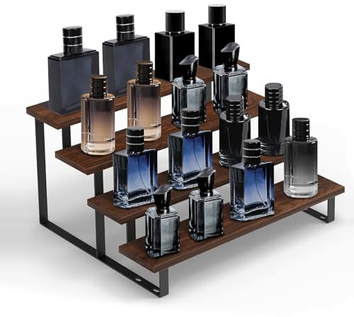 TUOJINRUIDA Black Walnut Display Riser Stand 4 Tier 32cm Wooden Perfume and Cologone Organizer for Men Versatile Display Stand Shelf for Fragrance, Skincare, Figurine, Dessert, Use for Vanit