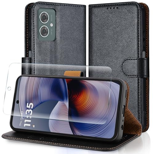 Case Collection for Motorola G55 Case and Screen Protector - Leather Folio Flip [Kickstand] Shockproof Cover [RFID Blocking] Magnetic Wallet for Motorola Moto G55 5G Phone Case Black