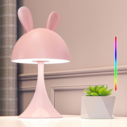 FemKey LED Nachttischlampe Touch Kinder, Nachtlicht Kinder 7 modi RGB Farbwechsel & Warmes Licht, Tischlampe Aufladbar Dimmbar Typ-C, Nachtlampe Kinderzimmer Rosa Hase für Mädchen