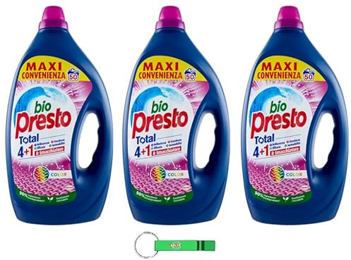 3x Bio Presto Waschmittel Detersivo Liquido Bucato Lavatrice Color - Flüssigwaschmittel Waschmaschine für Farbige Kleidungsstücke - 50 Wäschen 2250ml + Beni Culinari Kostenloser Schlüsselanhänger