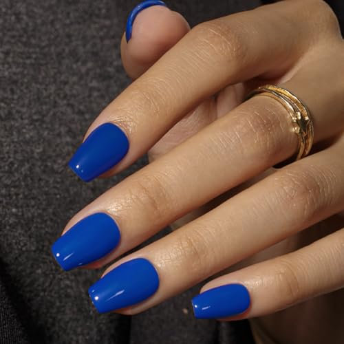 KQueenest Royal Blue Press on Nails Short Coffin, Short False Nails with Glue, Sheer Vibrant Bright Blue Fake Nails Press ons Medium Ballerina, Opaque Reusable Soft Gel Stick on Nail for Women, 30 Pcs