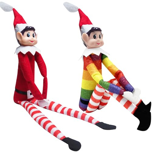 Dazhtu Weihnachtself 2er Set Vinyl Faced Naughty Elf Doll Elfie Jungen und Elvie Mädchen mit Langen Beinen, weichem Körper und Vinylkopf, langbeiniges weiches Plüschtier(45cm