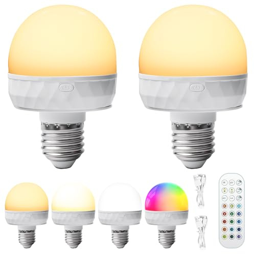 2 Stück Wiederaufladbare Glühbirne mit Fernbedienung, E27 Dimmbare Farben LED Glühbirne mit Fernbedienung und Magnet, Type-C Aufladbar Lampen, Birne für Notbeleuchtung Camping Nachtbeleuchtung