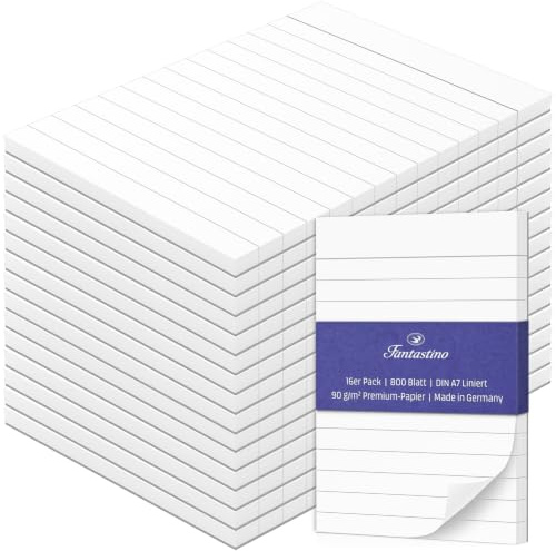 Fantastino Notizblock A7 Liniert - 16er Vorteils-Pack (800 Blatt) | Premium-Papier 90 g/m². Tintenfest & durchdrucksicher. Kleine Mini-Blöcke abreißbar für Büro, Haushalt, Schule & Uni