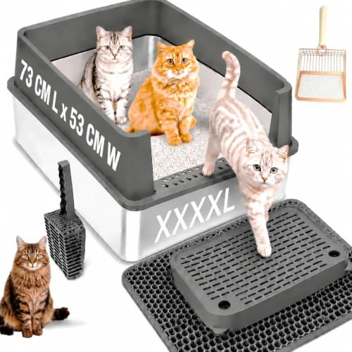 Extra Large Cat Litter Tray with High Sides 73cm x 53cm x 35 cm, Litter Mat, Metal Scoop Stainless Steel Litter Tray for Big Cats - Non Stick, No Odor, Easy to Clean - 65 Litres