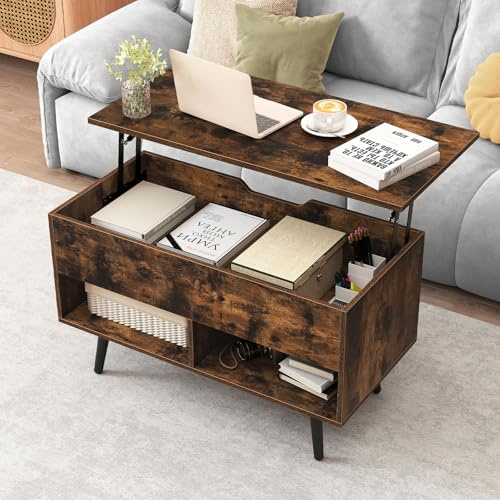 GIANTEX Couchtisch mit höhenverstellbarer Platte Kaffeetisch Sofatisch mit Aufbewahrungsfach & 2 offenen Regalen ausziehbarer Wohnzimmertisch Beistelltisch mit Federheber Teetisch modern 80x40x46/60cm