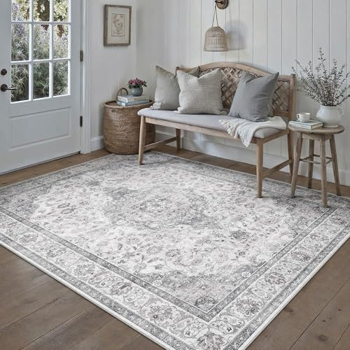 PureCozy Grau Teppich Wohnzimmer 160x230cm Waschbarer Vintage Tepich | Weich Kurzflor Groß Carpet, Rutschfest, Leicht, Schlafzimmer, Esszimmer, Büro, Kinderzimmer