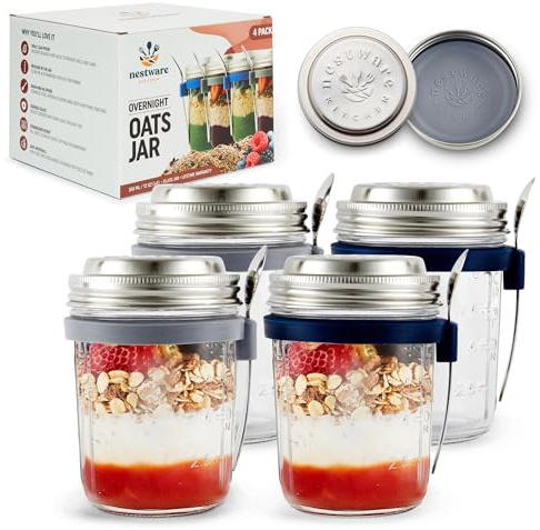 Nestware Kitchen Overnight Oats Jar with Spoon [4-Pack] – 350ml Glass Breakfast Container with 50g Measuring Lid – Leak Proof Seal – For Chia, Yoghurt, Oatmeal & Meal Prep