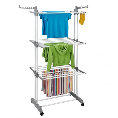 Mundo Home Tendedero Vertical de Pie 30M 3 Niveles con Ruedas 75-126X64X170cm - Tendedero Portátil con Ruedas para Interior y Exterior - Tenderete de Ropa con Alas Plegables Ahorra Espacio (Berlín)