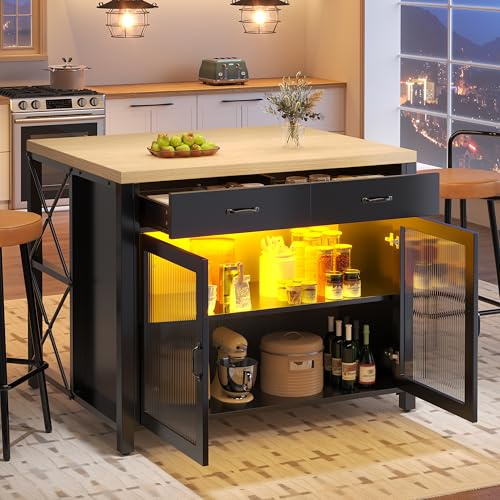 Huayz Isla de cocina con barra de luz LED, armario de cocina con 2 cajones, mesa de desayuno, bar, isla de cocina, superficie de escritorio con estructura de madera, pies ajustables, 100 × 80 × 90 cm