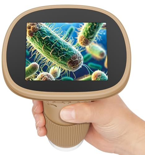 ASPOVEN Poche Microscope Enfant Portable Zoom 1000X avec Écran(Marron) | Mini Microscope Numérique Rechargeable avec 8 Lumières LED, Jouet Éducatif Scientifique pour Cadeau Noël Filles Garçons