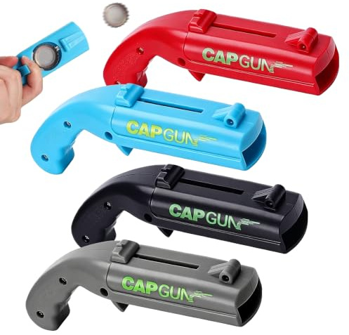 Cap Gun Bottle Opener 4 Pcs, Bottle Cap Gun Launcher Shooter | ABS Beer Bottle Opener Gun for Standard Crown Caps, Funny Party Gadget for Home Bar BBQ, Black Grey Red Blue