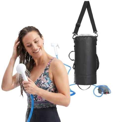 KADVA Premo Campingdusche 12 l mit Fußpumpe für Outdoor | Schwarzer Wassertank aus Polyester, PVC und PP mit Duschkopf, Thermometer, Schlauch und 950 g Gewicht