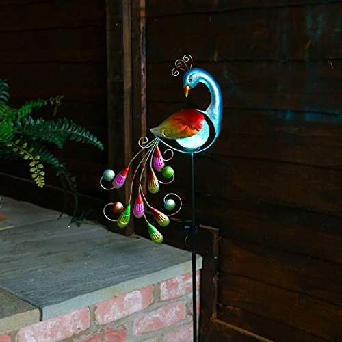 Festive Lights solarbetriebene Garten Leuchte im Pfau-Design, aus mehrfarbigen Metall und Echt-Glas gefertigt, mit farbwechselnder LED