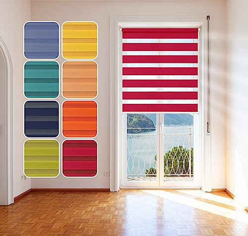 Doppelrollo, Rot, 90x150cm - Duo-Rollo Klemm Fix mit Klemmträger, Fenster-Rollo/Seitenzug-Rollo Ohne Bohren, lichtdurchlässig und verdunkelnd