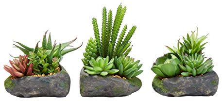 Pure Garden Künstliche Sukkulenten, 3-teiliges Arrangement-Set in Kunststeintöpfen und verschiedenen Größen, lebensechtes Grün für Heimdekoration