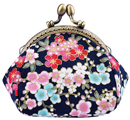 Oyachic Fleur Cerisier Porte Monnaie Floral Coin Purse Vintage Portefeuille Fermoir Clic Clac Femme Pièces Pochette en Toile Kiss Lock Change (Bleu)