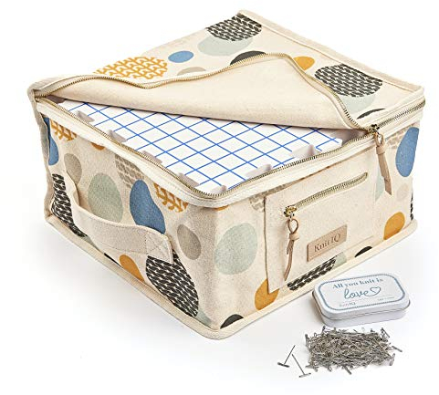 KnitIQ Spannmatten Premium Set - 9 extra dicke Spannunterlagen mit Zoll Rasterlinien, 150 rostfreie T-Nadeln in Deko-Box, Qualitäts-Stautasche l Stricken Häkeln Handarbeiten Lace - Kreativ Design
