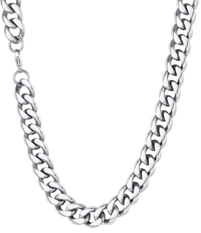 U7 Silver Chain for Men, Mens Cuban Chains Necklace, 12mm Width 20 Inch 51cm Length, Stainless Steel Curb Link Necklaces, Sturdy Chunky Neck Jewellery for Layering, Gift for Boyfriend