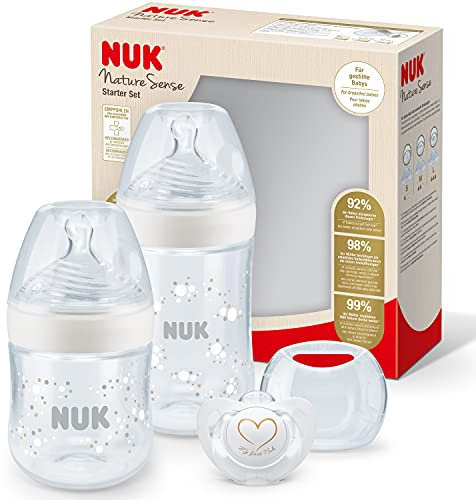 NUK Nature Sense Babyflaschen Twin Set | 0–18 Monate | 2 Anti-Kolik Flaschen mit Temperature Control Anzeige + 1 Schnuller | mit brustähnlichem Silikon Trinksauger | BPA-frei | Weiß | 3 Stück