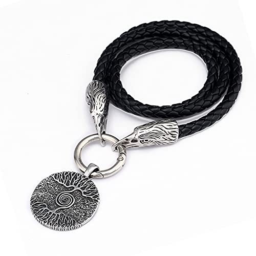 YABEME Herren Wikinger Halskette, Edelstahl Vintage Yggdrasil Weltenbaum Amulett Anhänger Geflochtener Leder Rabenkopf Seil Kette Biker Schmuck, mit Valknut Rune Geschenktüte,Leather Chain,31inch