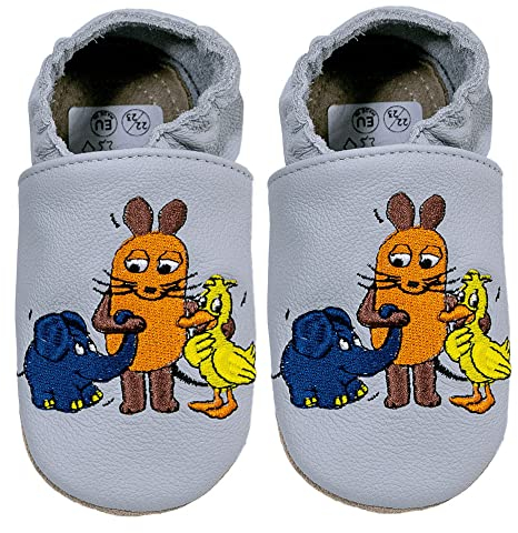 HOBEA-Germany Krabbelschuhe Unisex, Die Maus, Lederschuhe (Maus, Elefant und Ente grau, 22/23)