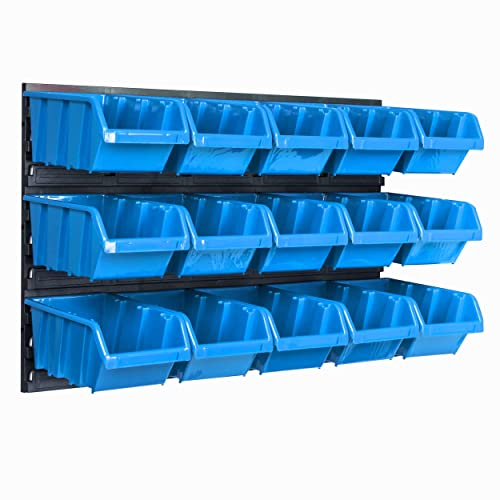 Lagersystem Wandregal 576 x 390 mm | 15 stck. Box | Stapelboxen Schüttenregal Sichtlagerkästen | Extra Starke Wandplatten | Regal Erweiterbar | Werkstattregal Lagerregal Werkstattwandregal Steckregal