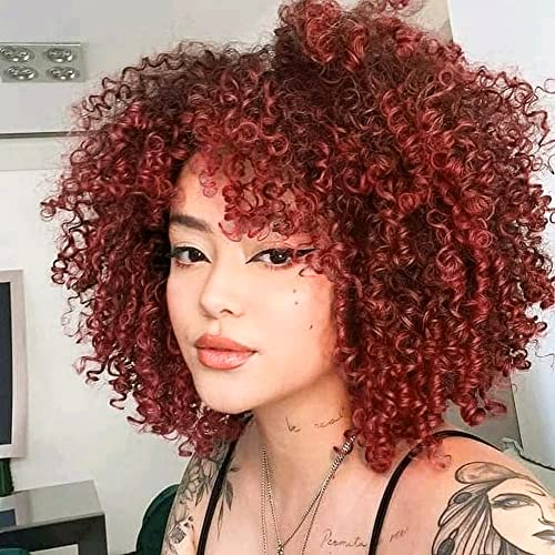 ColourfulPanda Afro Lockige Perücke Rot Natürliche Haar Synthetische Verworrene gelockt für Frauen, Kinky Curly Wig mit Pony kurze Perücken für Schwarze Damen (Rot Blond)