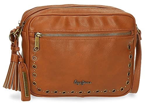 Pepe Jeans Camper Umhängetasche mit Zwei Fächern, Braun, 24 x 16 x 9 cm, Kunstleder, braun, Umhängetasche mit Zwei Fächern