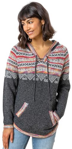 Roman Originals Women Jumper with Hood Ladies Winter Knitted Hoodie with Pockets Fairisle Nordic Aztec Print Hooded Sweater Knit Knitwear Autumn Flattering Casual Smart - Charcoal - Size 18