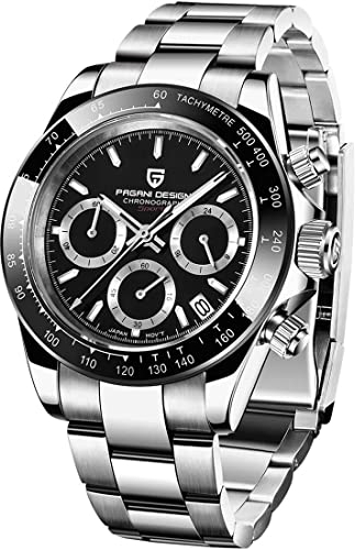 RollsTimi Pagani DesignHerren-Multifunktions-Sportuhr Quarz-Chronograph Uhrwerk Japan VK63 Edelstahlarmband Wasserdicht 100M (Ganz in Schwarz und Silber-1664)
