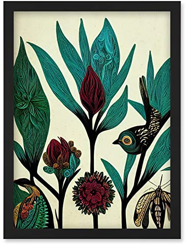 Wee Blue Coo Abstract Folk Art Leaves Flowers Birds Vintage Style Green Burgundy Cream Black Artwork Framed Wall Art Print A4