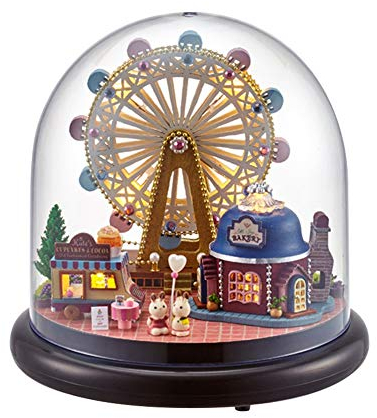 Spieluhr, DIY Mini House Transparentes Cover-Modell mit LED-Leuchten Rotierende Spieluhr, geeignet für die Heimdekoration(Riesenrad)