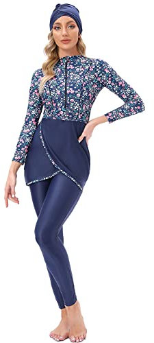 IBTOM CASTLE Muslimische Badeanzug Damen, Burkini Muslim, Ganzkörper Badeanzug Damen, Hijab Badeanzug Damen, Bescheidene Modest Muslim Swimwear Langarm Top+Hosen+Hijab 3 Stücke Set Blau + Blumen L