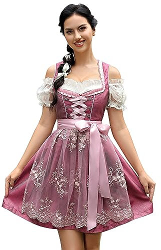 KOJOOIN Trachtenkleid Damen Dirndl Kurz mit Stickerei Exklusives Designer Midi Dirndl für Oktoberfest Weinrot B 36