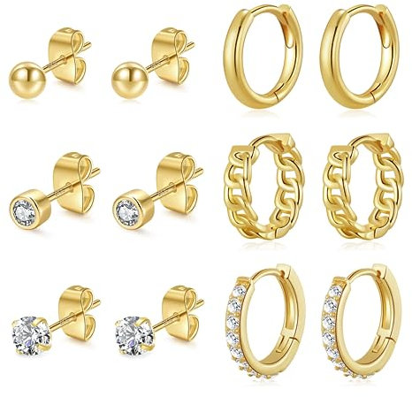 BMMYE Small Gold Cartilage Mini Sleeper Earrings - Huggie Hoop & Tiny Studs in 14K Gold for Multiple Piercing