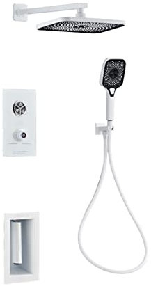 Set Miscelatore Termostatico Doccia 3 Vie Incasso, Miscelatore Doccia Sistema Soffione Doccia A Pioggia con Flessibile Bianco, B