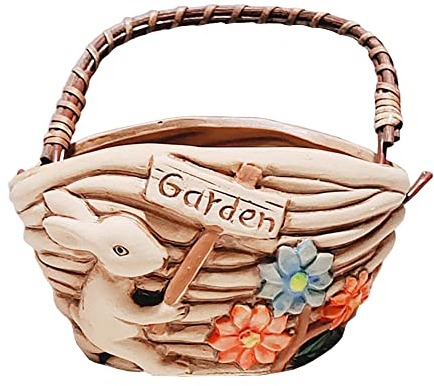 Grand pot de fleurs vintage en céramique avec lapin mignon et fleurs, pot de cactus unique avec trou pour décoration de maison, bureau et jardin (beige 6)