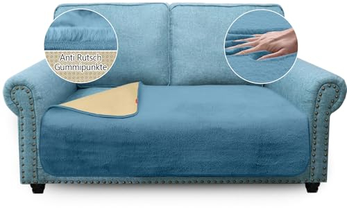 Granbest Luxus Dicken Sofa Kissenbezüge ähnlich Kaninchenfell Stilvolle Plüsch 750GSM Sitzbezüge für 2-Sitzer Sofa Anti-Rutsch Medium Couch Kissenbezug für Haustiere, Hunde (2 Sitzer, Azurblau)