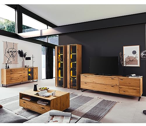 Lomadox Wohnwand Wohnzimmermöbel Set braun 5-teilig Wildeiche Teilmassiv | 1 Sideboard, 2 Vitrinen, 1 TV-Lowboard, 1 Couchtisch mit Beleuchtung