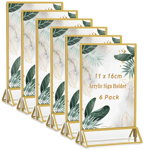 MAJOYLIFE Goldener Doppelseitiger Bilderrahmen 6 Stück,A6 Acryl-Tischnummern Hochzeit Gold,Klare Doppelseitige Tischkartenhalter für Tischplan/Fotos Display/Restaurant/Cafe(10x15cm)