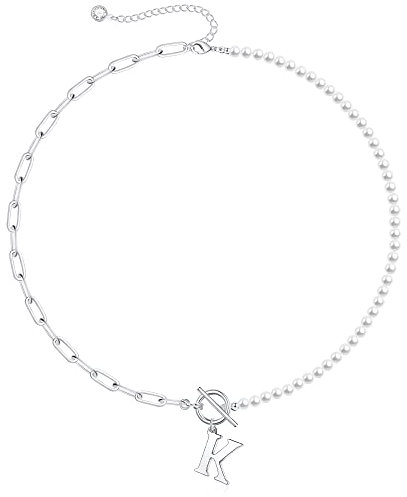 TINGN Kette mit Buchstaben Perlen Kette, Silber Büroklammer Gliederkette Halskette Choker Kette Perle Ketten Silber Initiale Kette Halskette Damen Schmuck Geschenke Verstellbar Buchstaben Kette (K)
