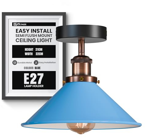 Blue Metal Cone Ceiling Light 22cm Vintage Semi Flush Mount White Inner | E27 industrial ceiling lamp modern farmhouse lighting fixture for kitchen bedroom dining room living room bulb not included