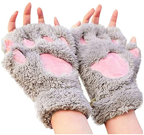 Katzenpfoten Handschuhe 1 Paare Warme Halbfinger Fausthandschuhe Niedliche Cartoon Winter Handschuhe Outdoor Fingerlos Gloves Kunstpelz Plüsch Katzen Krallen Winterhandschuhe für Mädchen Frauen