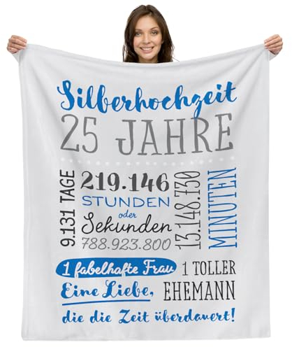 Facepot Silberhochzeit Geschenk Kuscheldecke | Deko Geschenke zum 25. Hochzeitstag oder Silberne Hochzeit mit Herz Bilderrahmen für EIN Foto (10x15cm) | Glücklich verheiratet - 25 Jahre