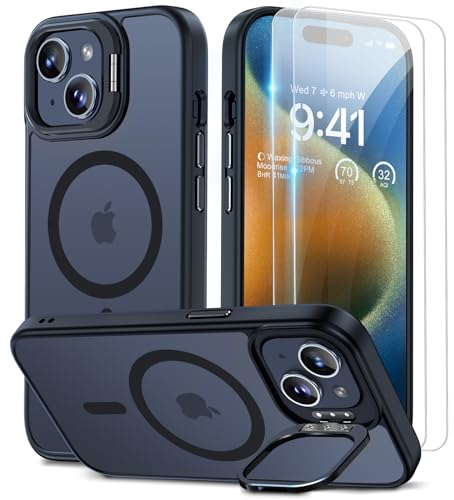 Beeasy for iPhone 15 Case MagSafe Phone Case with 2 Screen Protectors and Stand, Military Shockproof Protective Slim Cover, Case for iPhone 15 6.1 Inch, Translucent Black