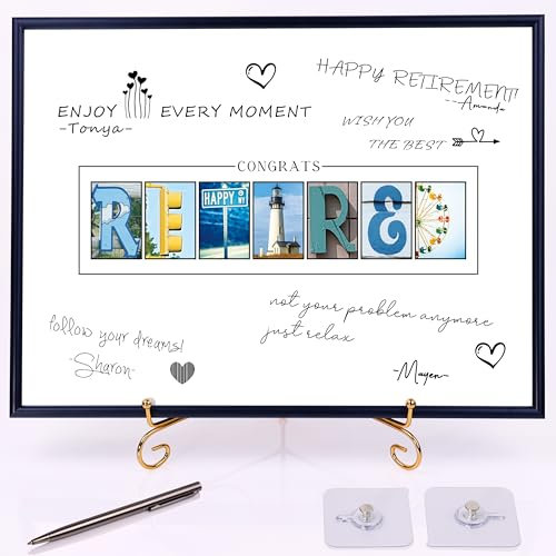LYNYUN Libro de invitados negro enmarcado para decoraciones de fiesta de jubilación, 12 x 16 pulgadas, placa de jubilación, divertidos regalos de jubilación para hombres, con bolígrafo, vidrio