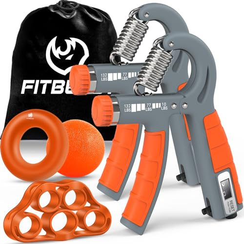 FitBeast Handtrainer Trainingsset (5-teilig), 2 Unterarmgriff Einstellbare Widerstand Handgreifer, Fingerdehner, Griffball & Stressabbau-Griffball für Athleten (Orange)