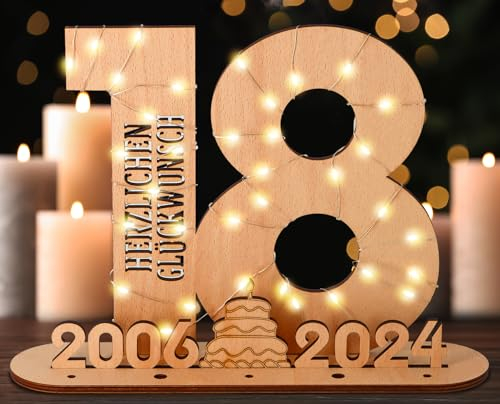 Giftota - Originelle 18 Geburtstag Geschenk Frauen & Männer - Geldgeschenke Geburtstag 18 mit LED Lichterkette Ständer - 2024 Holz-Schild Gästebuch - 18 Geburtstag Deko - Personalisierbares Geschenk