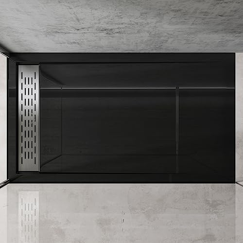 doporro Plato de ducha, 80 x 140 x 5 cm, plano, de acrílico en negro, rectangular, conexiones DIN para montaje a nivel del suelo, adecuado con cubierta extraíble Xetro04